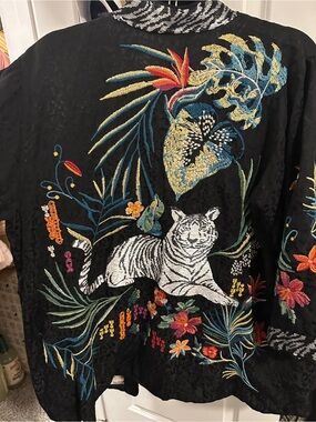 Johnny Was Black Embroidered Tiger Floral Kimono Jacket
